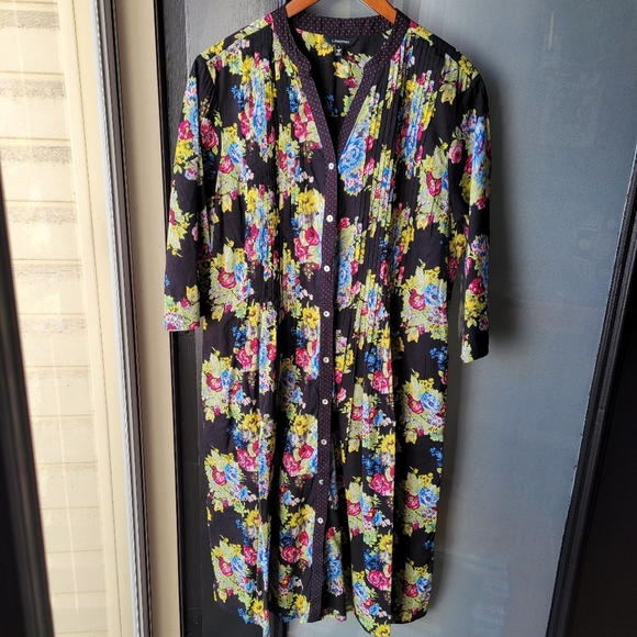Vintage J Peterman 3/4Sleeve Black Floral Indian Cotton Button-Front Dress Large - Picture 1 of 12